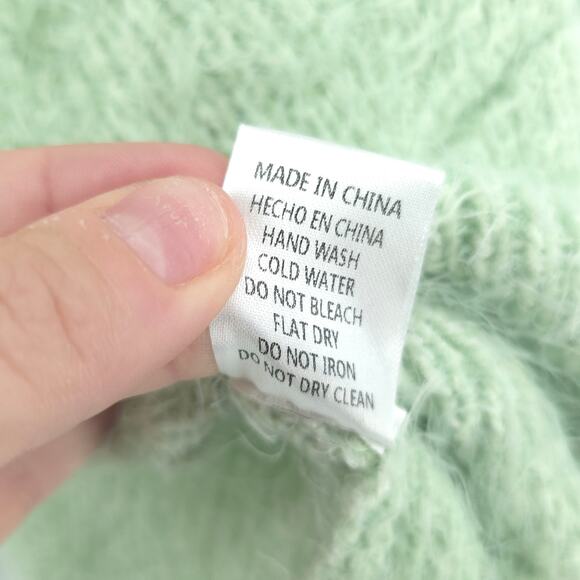 Rebels&Lovers V Neck Fuzzy Twisted Crop Green Eyelash Knit Sweater BellSleeve L - Picture 8 of 13